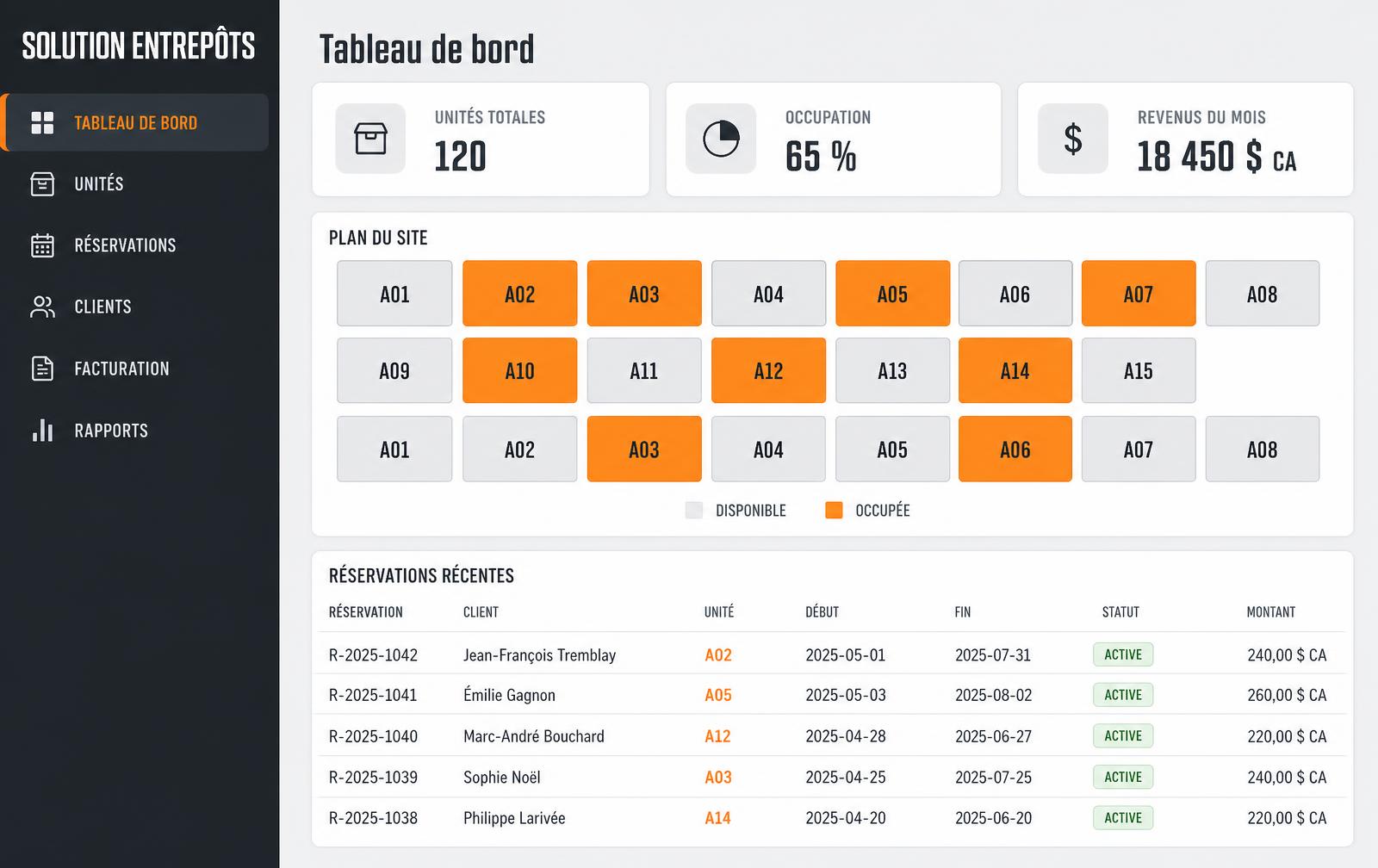Aperçu de la console d'administration avec plan des unités et liste des réservations